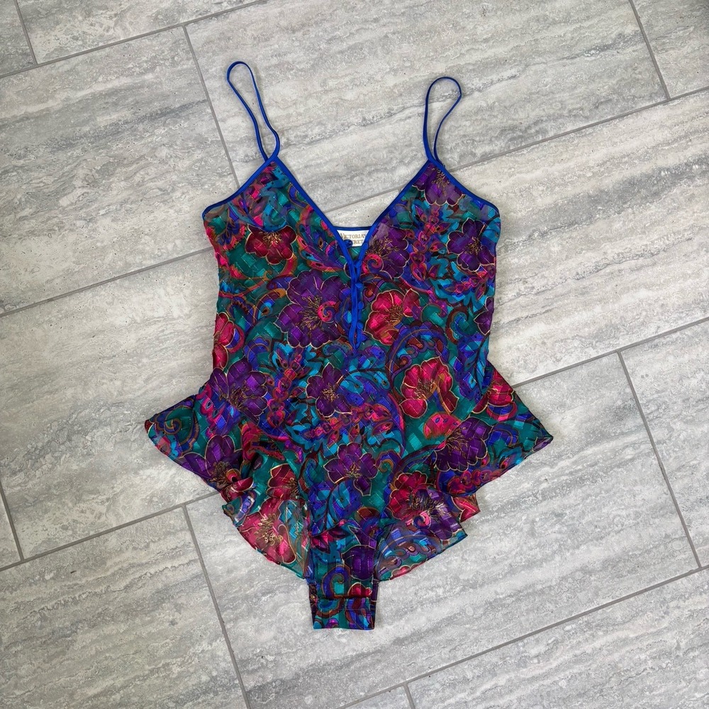 Vintage Small Victoria's Secret Gold Label Teddy Lingerie Body Suit Shiny Floral